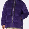 Lila Damen-Daunenjacke aus Cord mit Kapuze