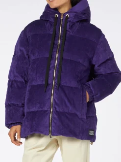 Lila Damen-Daunenjacke aus Cord mit Kapuze