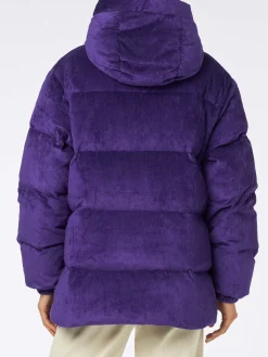 Lila Damen-Daunenjacke aus Cord mit Kapuze