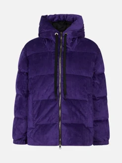 Lila Damen-Daunenjacke aus Cord mit Kapuze