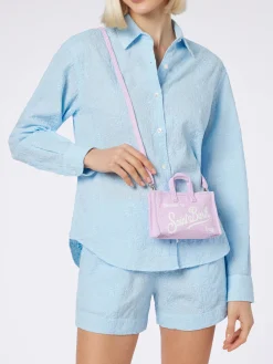 Lilafarbene Handytasche aus Baumwollstoff mit Waffelmuster