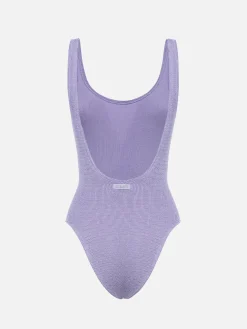 Lilafarbener Damen-Badeanzug in Crinkle-Optik aus Lurex Lora