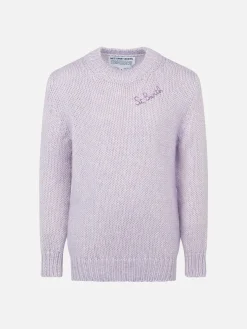 Lilafarbener, weicher Mädchenpullover mit Rundhalsausschnitt und St. Barth-Stickerei