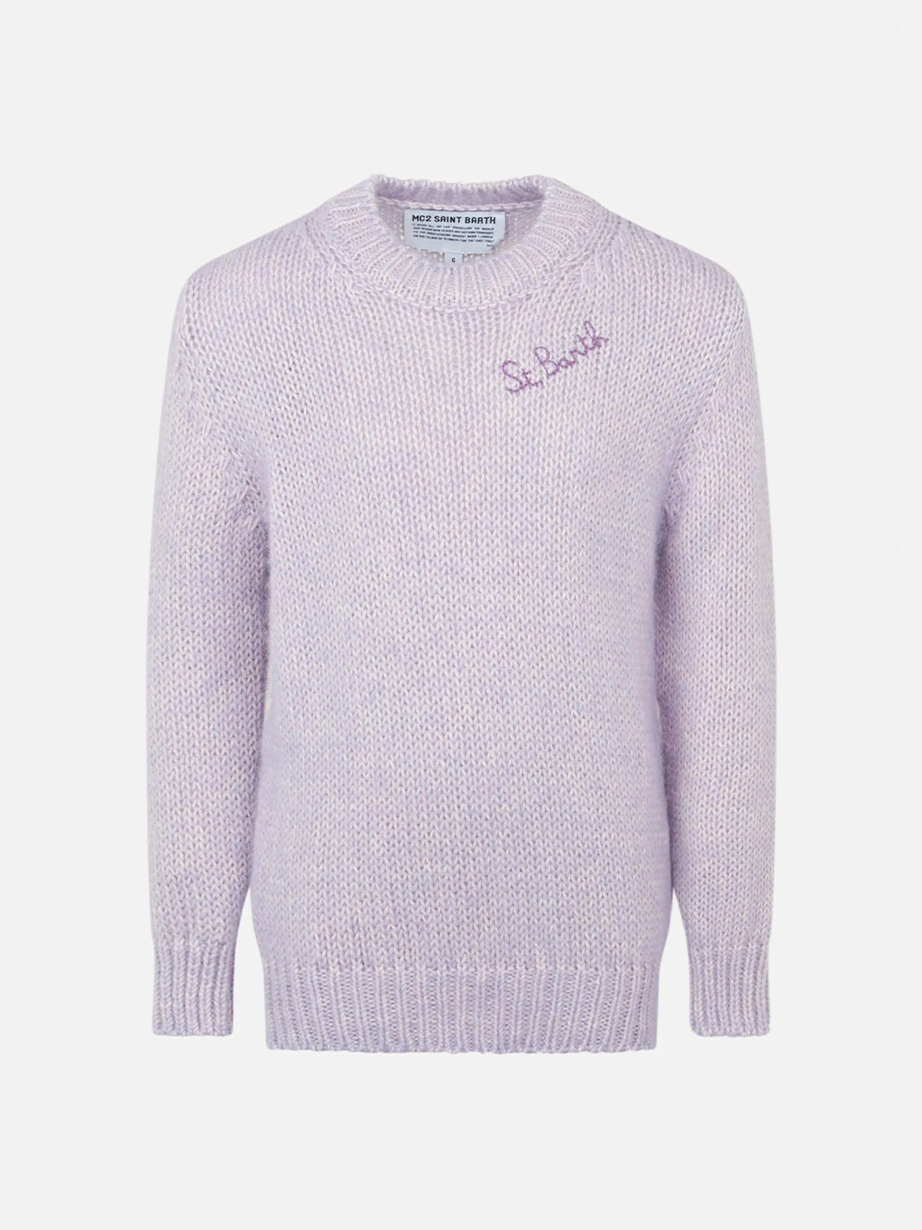 Lilafarbener, weicher Mädchenpullover mit Rundhalsausschnitt und St. Barth-Stickerei