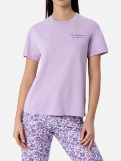 Lilafarbenes Rundhals-T-Shirt Emilie aus Baumwolljersey für Damen mit Stickerei „Non ho niente da mettere“