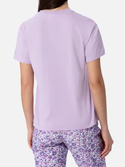 Lilafarbenes Rundhals-T-Shirt Emilie aus Baumwolljersey für Damen mit Stickerei „Non ho niente da mettere“