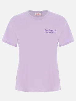 Lilafarbenes Rundhals-T-Shirt Emilie aus Baumwolljersey für Damen mit Stickerei „Non ho niente da mettere“