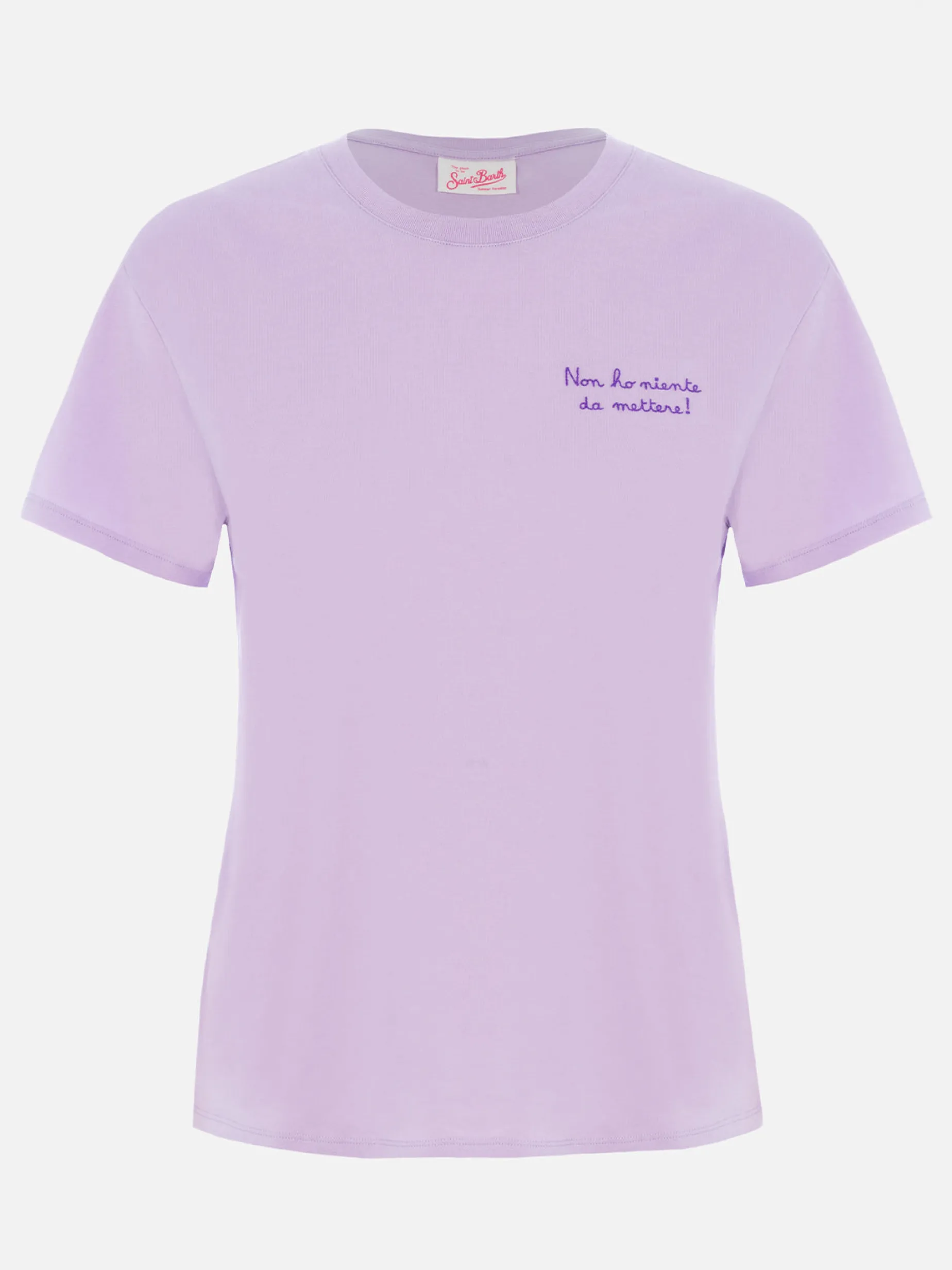 Lilafarbenes Rundhals-T-Shirt Emilie aus Baumwolljersey für Damen mit Stickerei „Non ho niente da mettere“