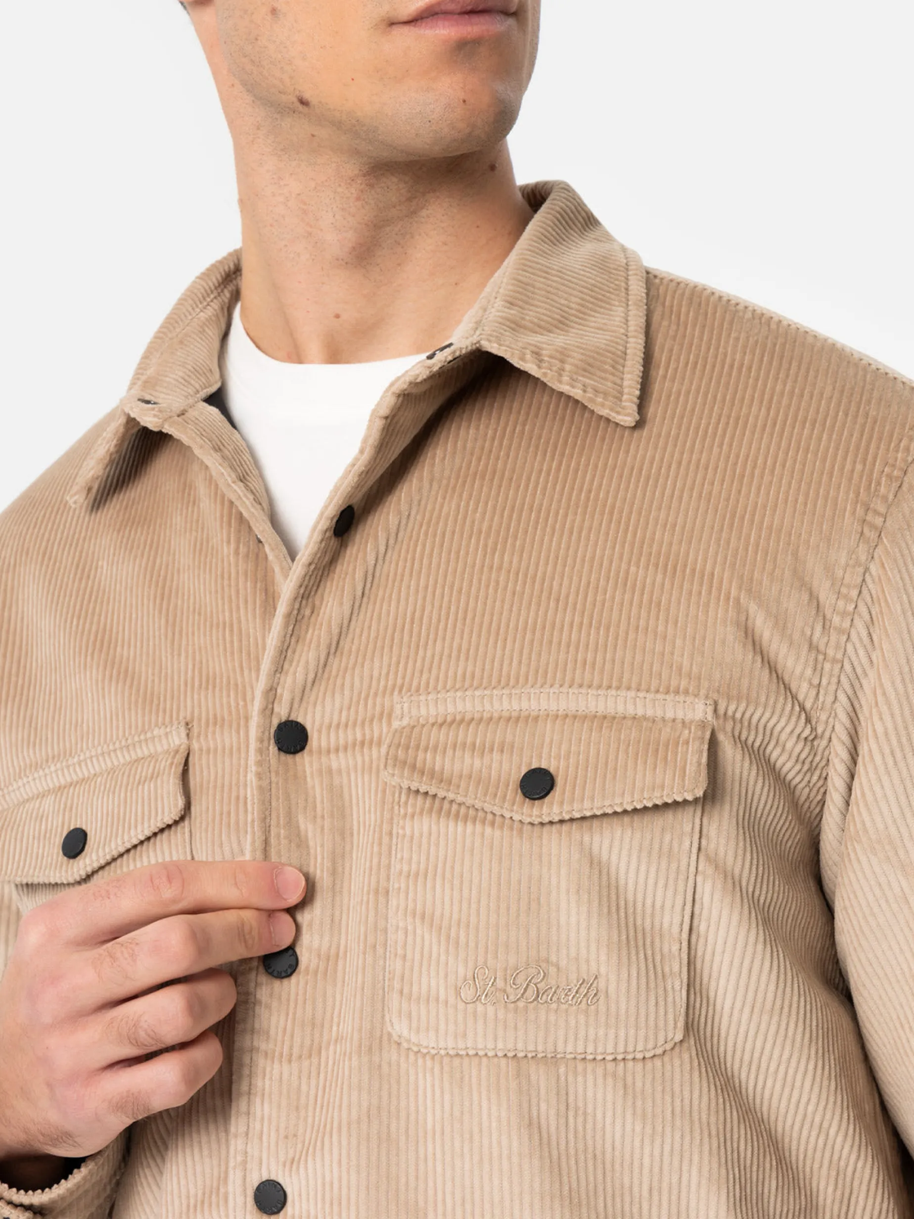 Man beige corduroy overshirt Chalet with St. Barth embroidery