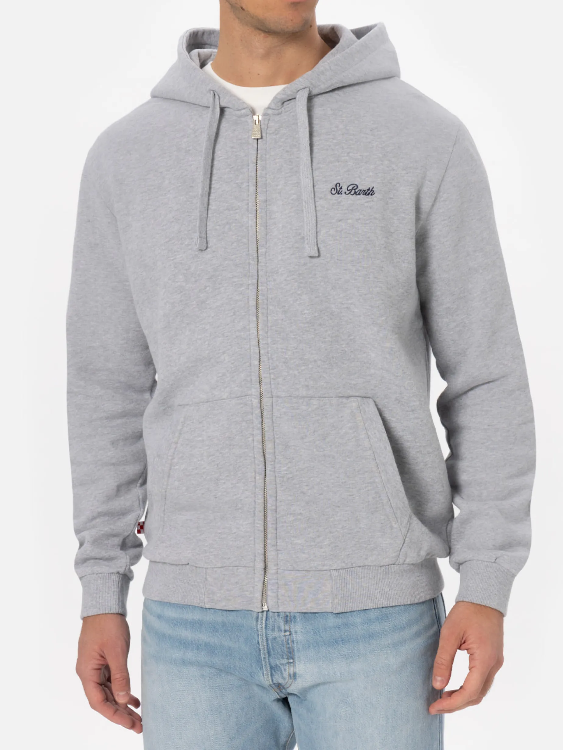 Man grey zipped and hooded sweatshirt with St. Barth embroidery