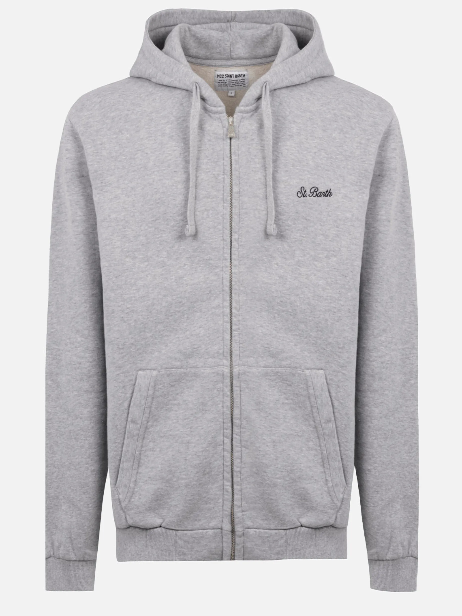 Man grey zipped and hooded sweatshirt with St. Barth embroidery