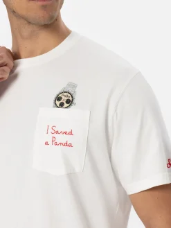 Man white cotton t-shirt Connor with I saved a panda embroidery