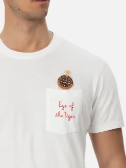 Man white cotton t-shirt Connor with eye of the tiger embroidery