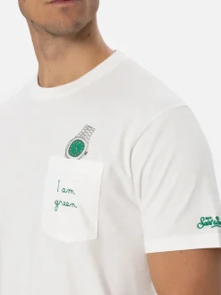 Man white cotton t-shirt Connor with I am green embroidery