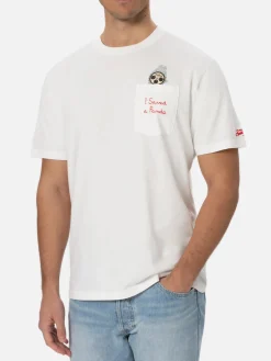 Man white cotton t-shirt Connor with I saved a panda embroidery