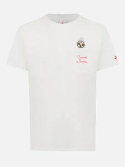 Man white cotton t-shirt Connor with I saved a panda embroidery