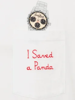 Man white cotton t-shirt Connor with I saved a panda embroidery