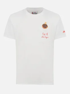 Man white cotton t-shirt Connor with eye of the tiger embroidery