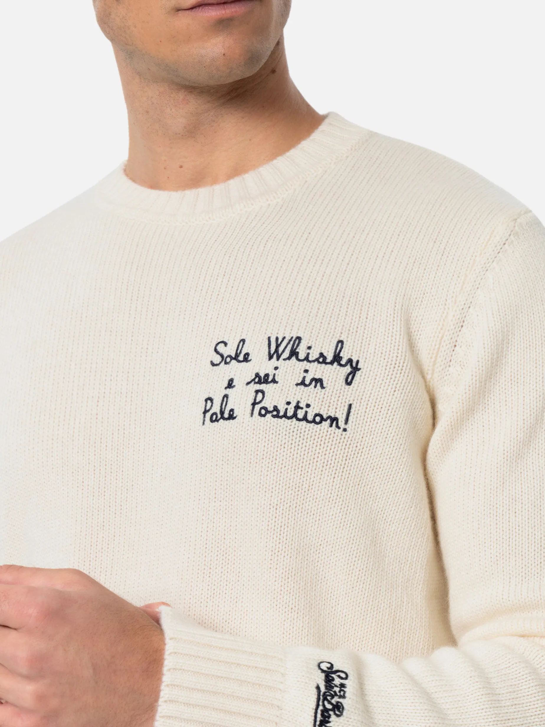 Mann weißer Pullover Bombardino mit Sole, Whiskey und sei in Pole Position! Stickerei | VACANZE DI NATALE SONDERAUSGABE