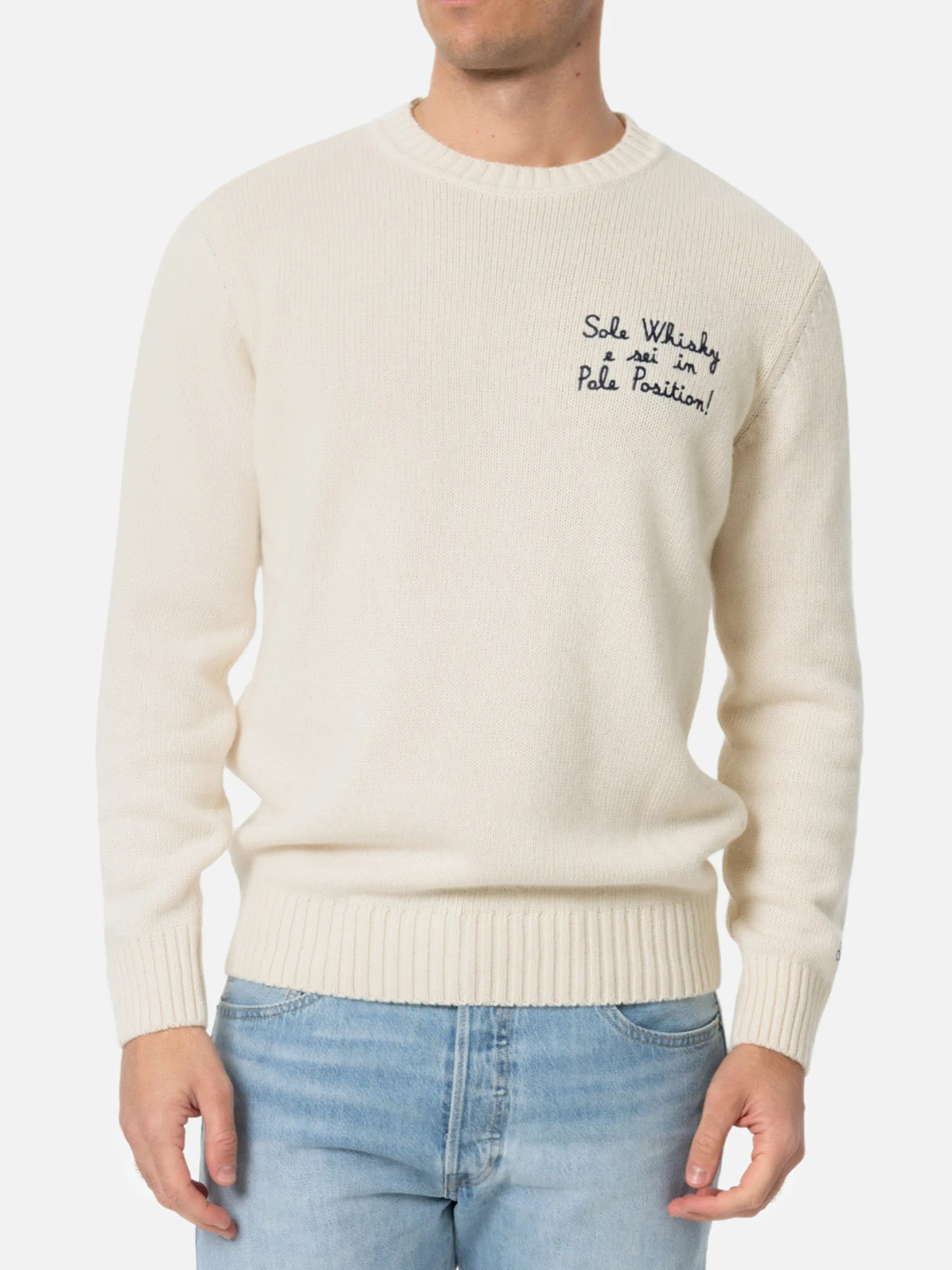 Mann weißer Pullover Bombardino mit Sole, Whiskey und sei in Pole Position! Stickerei | VACANZE DI NATALE SONDERAUSGABE