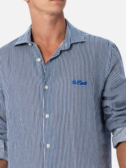 Marineblau gestreiftes Leinenhemd für Herren Pamplona