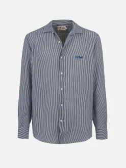 Marineblau gestreiftes Leinenhemd für Herren Pamplona