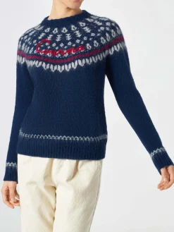 Marineblauer Damen-Pullover aus nordischem Jacquard mit Rundhalsausschnitt