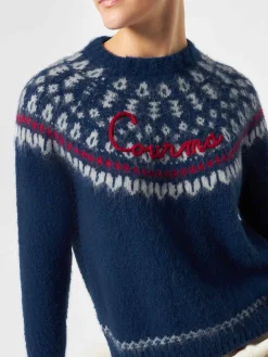 Marineblauer Damen-Pullover aus nordischem Jacquard mit Rundhalsausschnitt