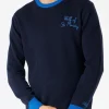 Marineblauer Herrenpullover mit „Wolf von St. Moritz“-Stickerei
