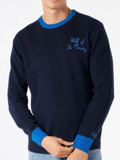 Marineblauer Herrenpullover mit „Wolf von St. Moritz“-Stickerei