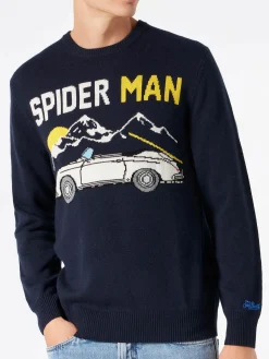 Marineblauer Herrenpullover mit Autoaufdruck