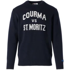 Marineblauer Herrenpullover mit Courma vs. St. Moritz-Aufdruck