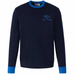 Marineblauer Herrenpullover mit „Wolf von St. Moritz“-Stickerei