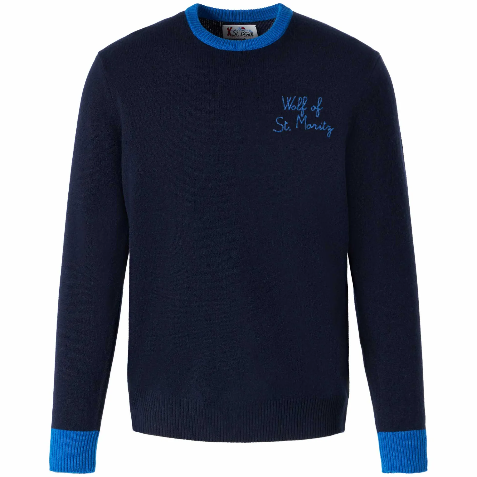 Marineblauer Herrenpullover mit „Wolf von St. Moritz“-Stickerei