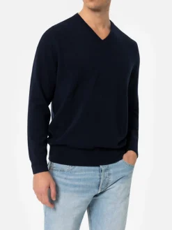 Marineblauer Pullover aus Kaschmirmischung mit V-Ausschnitt für Herren Regent