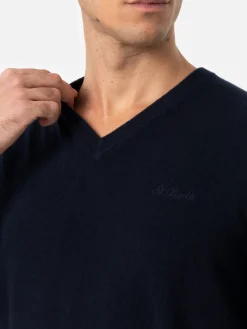 Marineblauer Pullover aus Kaschmirmischung mit V-Ausschnitt für Herren Regent