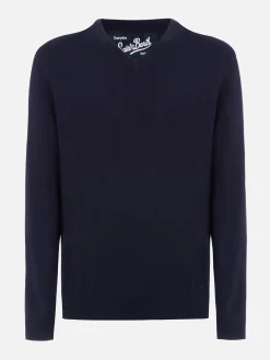 Marineblauer Pullover aus Kaschmirmischung mit V-Ausschnitt für Herren Regent