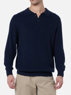 Marineblauer Rippenpullover Downing aus Kaschmirmischung für Herren mit Polokragen
