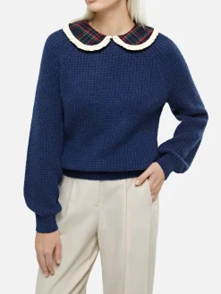 Marineblauer Rippenpullover Calia für Damen mit Schottenmusterkragen und Schleife