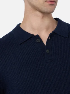 Marineblauer Rippenpullover Downing aus Kaschmirmischung für Herren mit Polokragen