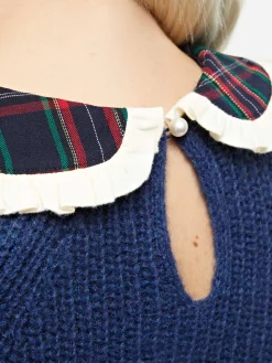 Marineblauer Rippenpullover Calia für Damen mit Schottenmusterkragen und Schleife