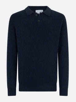 Marineblauer Rippenpullover Downing aus Kaschmirmischung für Herren mit Polokragen