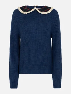 Marineblauer Rippenpullover Calia für Damen mit Schottenmusterkragen und Schleife