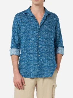 Marineblaues Herren-Leinenhemd Pamplona mit Sashiko-Aufdruck