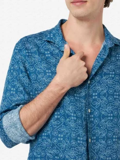 Marineblaues Herren-Leinenhemd Pamplona mit Sashiko-Aufdruck