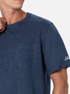 Marineblaues Leinenjersey-T-Shirt Ecstasea für Herren mit Tasche