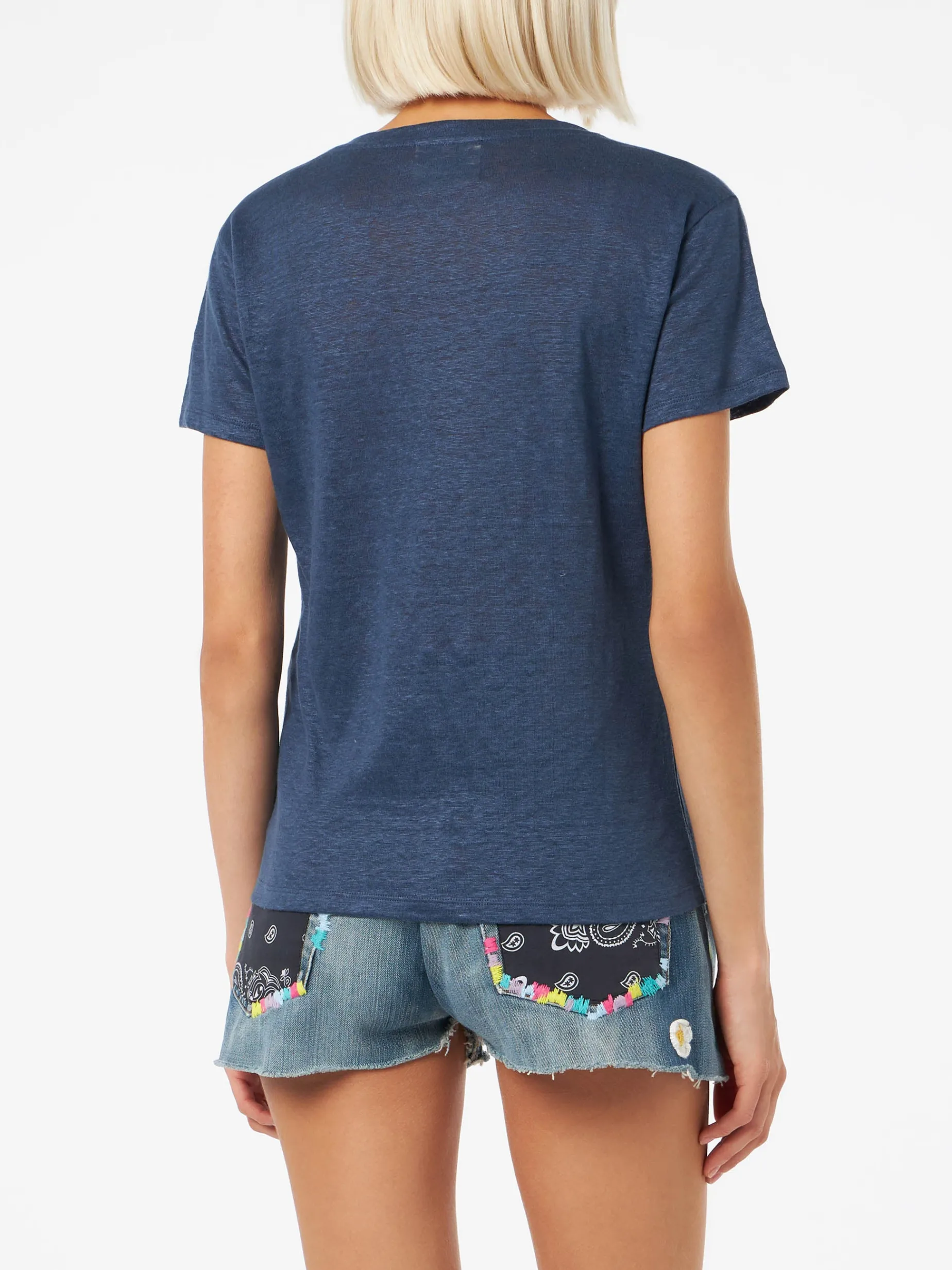 Marineblaues T-Shirt mit V-Ausschnitt Eloise aus Leinenjersey