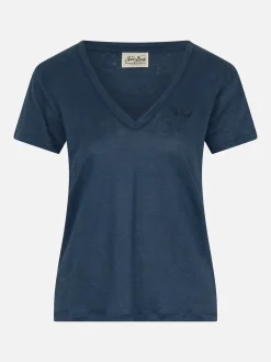 Marineblaues T-Shirt mit V-Ausschnitt Eloise aus Leinenjersey