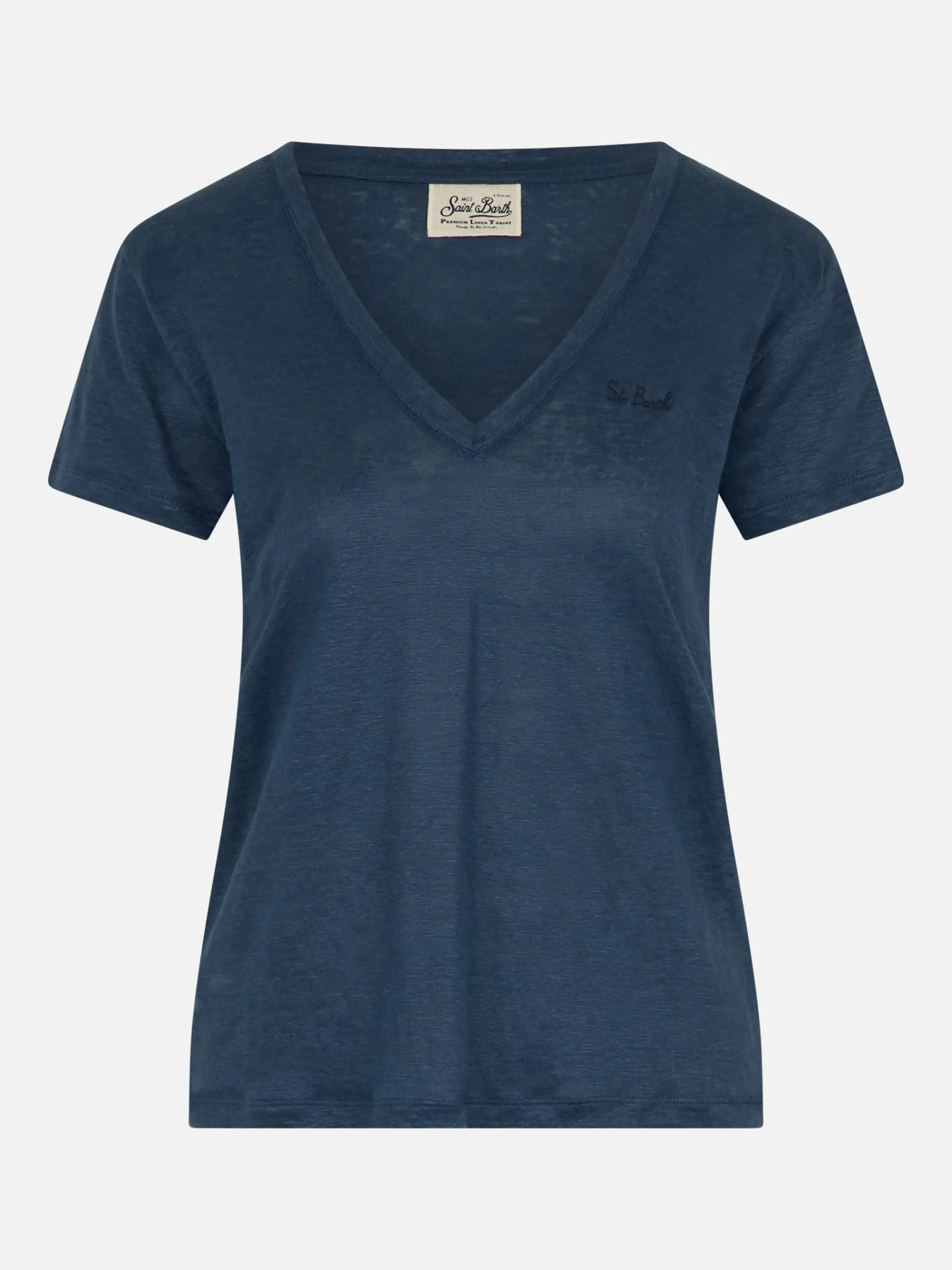 Marineblaues T-Shirt mit V-Ausschnitt Eloise aus Leinenjersey