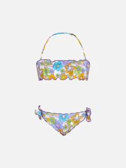 Mädchen-Bandeau-Bikini mit mehrfarbigem Blumendruck